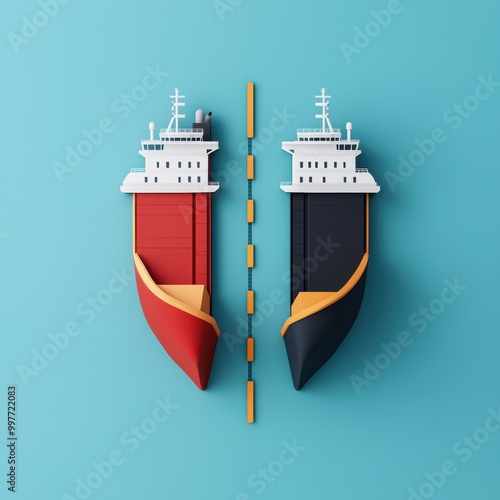 Two stylized ships on a blue background, die-cut design.