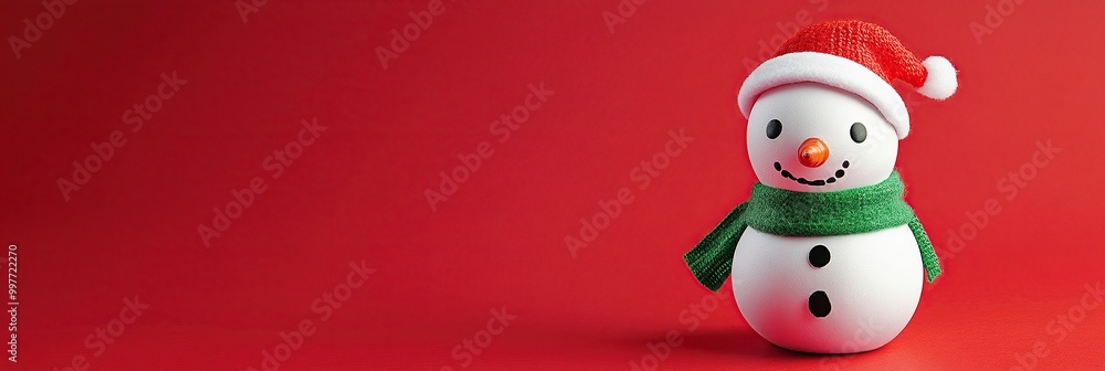 Photo of A snowman toy peeking out from the left side on red background with copy space Photo of A snowman toy peeking out from the left side on red background with copy space