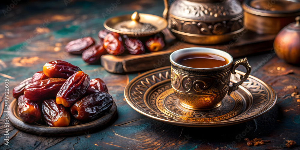 Fototapeta premium Traditional Arabic coffee served with sweet dates , Arabic, coffee, date fruit, beverage, Middle Eastern, hospitality