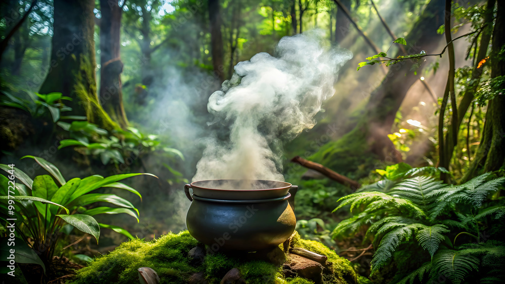 A mysterious mist hovering over a bubbling pot in the middle of a dense forest, boiling, forest, misty, mysterious, cooking A mysterious mist hovering over a bubbling pot in the middle of a dense forest, boiling, forest, misty, mysterious, cooking
