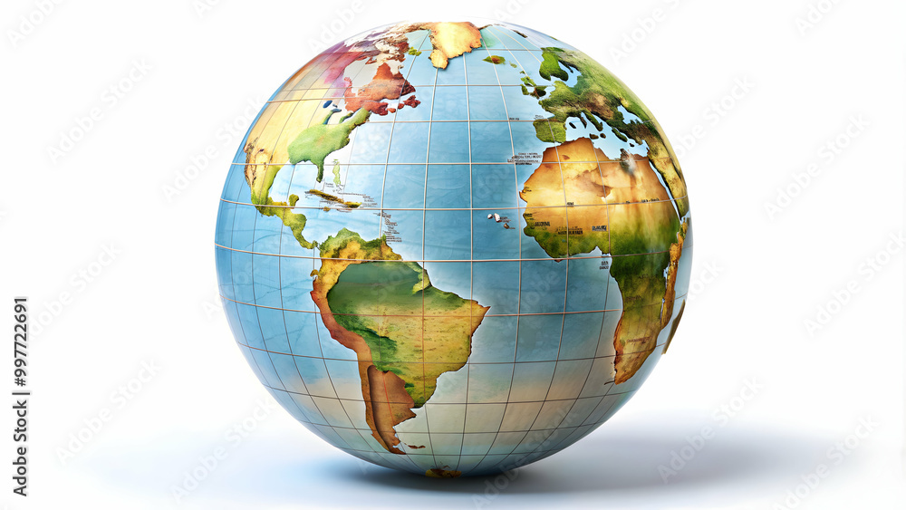 Globe with cartographic grid and terrain relief on white background, globe, map, earth, cartography, grid Globe with cartographic grid and terrain relief on white background, globe, map, earth, cartography, grid