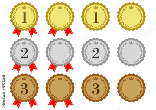 月桂樹と王冠の金銀銅のメダルのフレームイラストのセット
