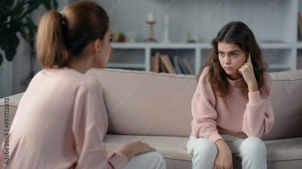 A concerned mother in a pink sweater tries to communicate with her visibly upset teenage daughter, who is seated on a sofa and looking away. A concerned mother in a pink sweater tries to communicate with her visibly upset teenage daughter, who is seated on a sofa and looking away.