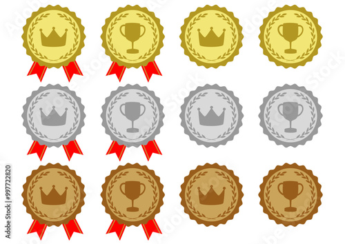 王冠とトロフィーの金銀銅のメダルのフレームイラストのセット
