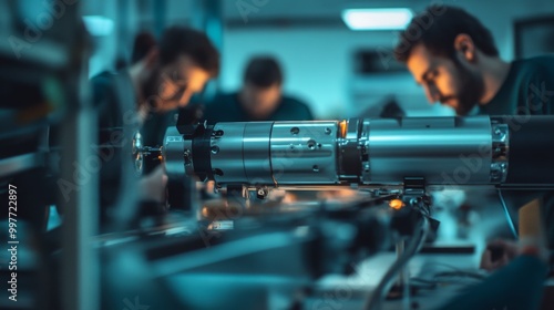 Technicians focus intently on assembling complex machinery in a high-tech laboratory, showcasing modern engineering and collaboration. The environment is filled with innovative tools and technology.