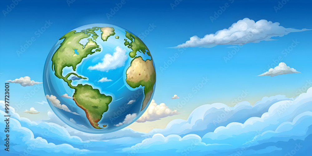 Naklejka premium Cartoon of Earth with a blue sky and fluffy clouds , Earth, cartoon,blue sky, clouds, nature, planet