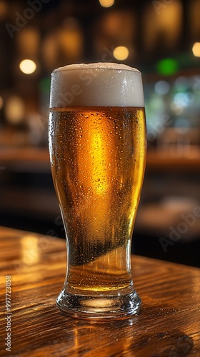 Glass of beer on wooden table photo