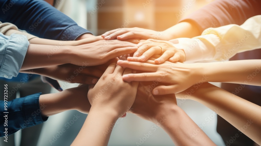 Obraz premium A group of startup company employees stack their hands together in a gesture of unity and teamwork.