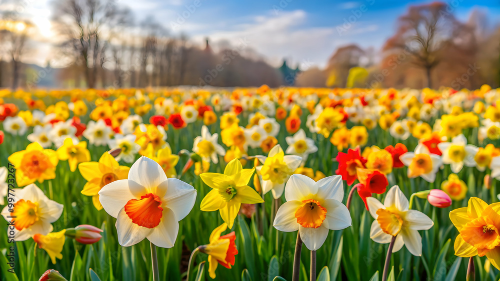 Obraz premium Colorful spring daffodils blooming in the background , daffodils, spring, flowers, yellow, nature, blooming, garden, petals