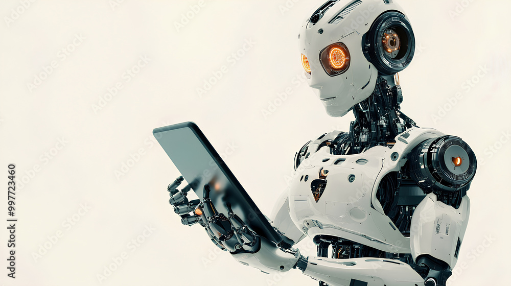 Ai robot using tablet isolate on white background Ai robot using tablet isolate on white background
