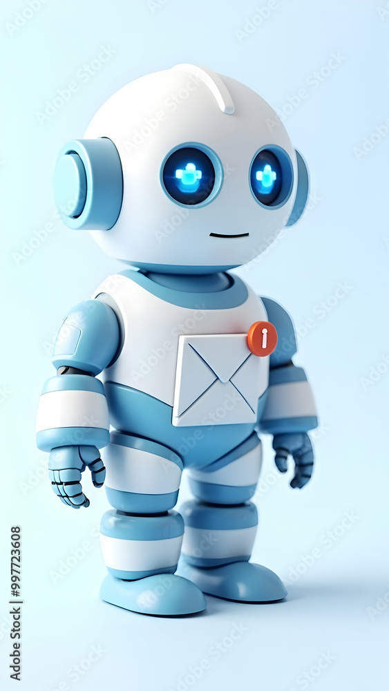 Cute Robot with Notification Badge: AI Email Delivery in a Digital World Cute Robot with Notification Badge: AI Email Delivery in a Digital World