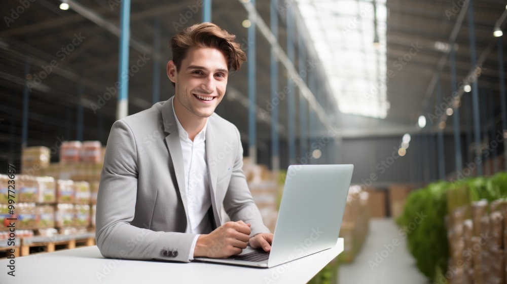 A smiling manager in a sleek suit uses a laptop in a spacious, well-lit warehouse, embodying productivity and effective management. A smiling manager in a sleek suit uses a laptop in a spacious, well-lit warehouse, embodying productivity and effective management.
