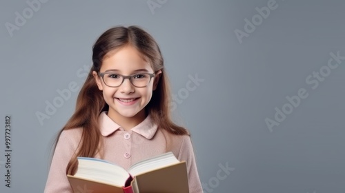 Enthusiastic young girl with glasses and a big smile holding an open book, radiating excitement and joy in learning, against a neutral background.