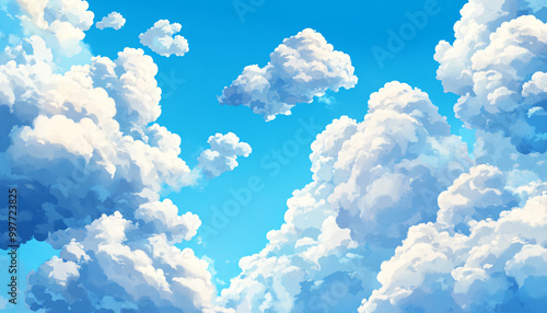 Fluffy, cartoonish clouds floating in a bright blue sky, creating a cheerful and light-hearted atmosphere