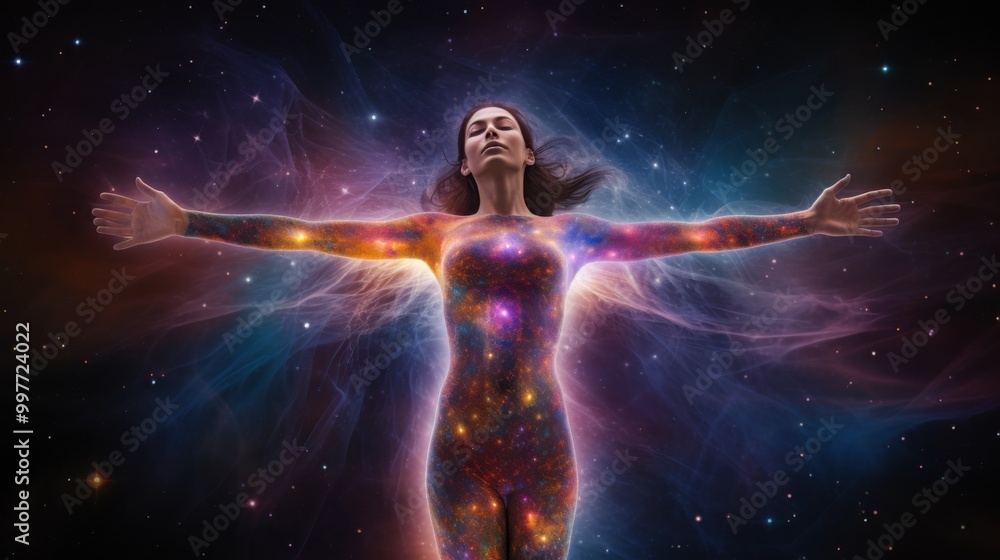 Naklejka premium A woman with an illuminated, starry silhouette stands with arms outstretched, seemingly undertaking a cosmic, astral journey in outer space.