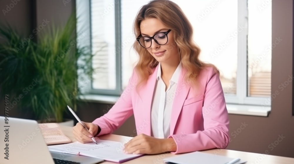 A focused woman with glasses and light brown hair, wearing a pink blazer, is signing a contract at her office desk. A focused woman with glasses and light brown hair, wearing a pink blazer, is signing a contract at her office desk.