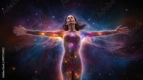 A woman with an illuminated, starry silhouette stands with arms outstretched, seemingly undertaking a cosmic, astral journey in outer space.