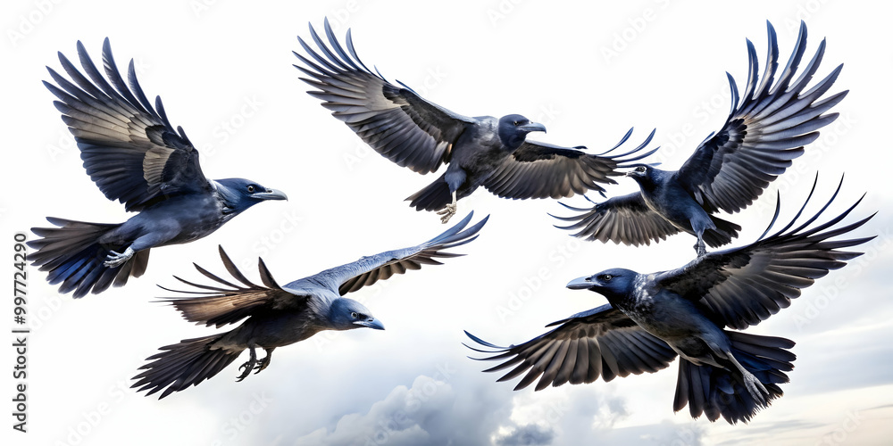 Obraz premium Birds flying ravens isolated on white background, perfect for a Halloween design, birds, flying, ravens, isolated