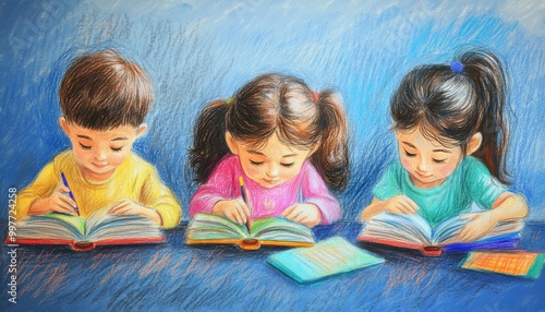 Illustration Children are learning together at school. Illustration Children reading a book. Ilustrasi pencil style texture. Colorful Classroom Scene with Happy Students.