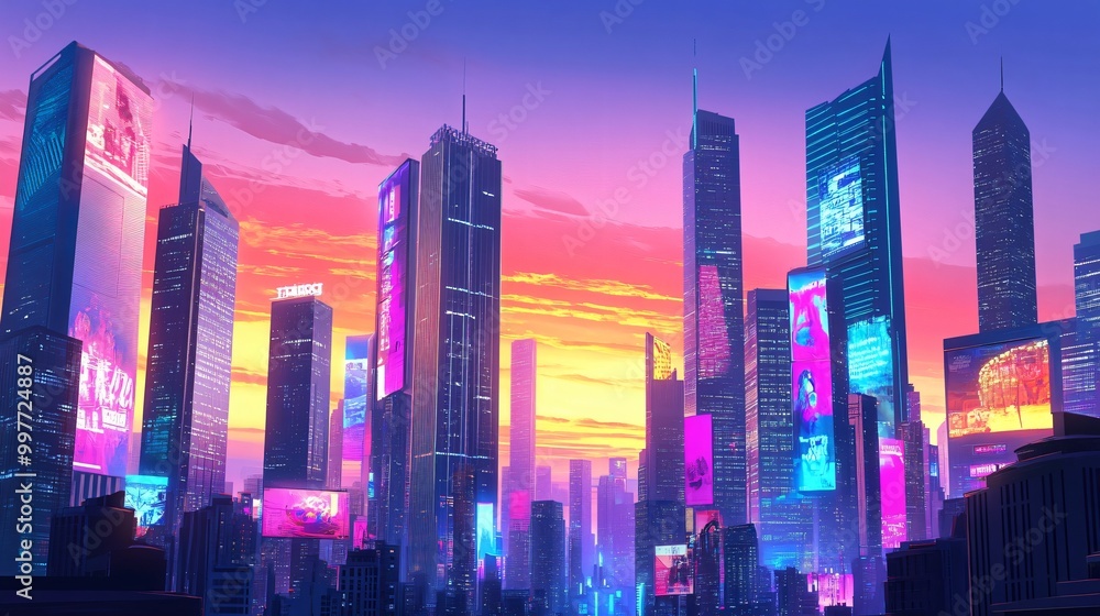 Fototapeta premium Futuristic City Skyline at Sunset