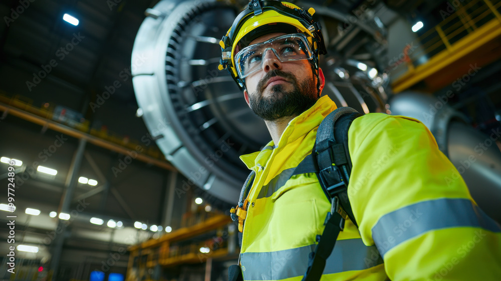 A confident engineer in safety gear observes a large industrial turbine in a modern factory setting, ensuring operational safety. A confident engineer in safety gear observes a large industrial turbine in a modern factory setting, ensuring operational safety.