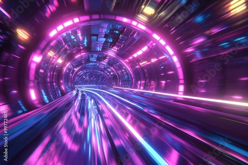 Futuristic 3D Train Speeding Through Neon Tunnel