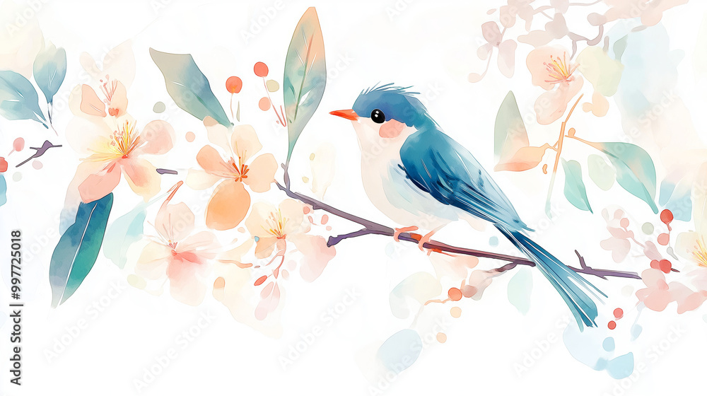 A blue bird perched on a blooming flower A blue bird perched on a blooming flower