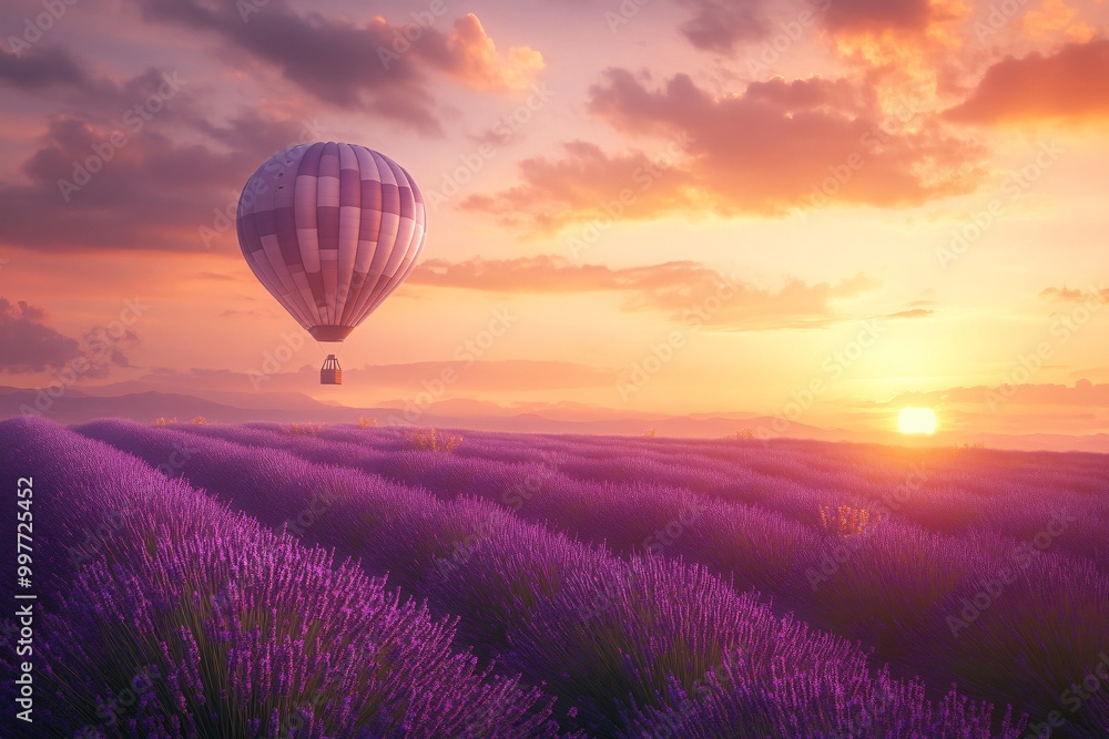 Fototapeta premium Magical Sunset Over Lavender Field with Hot Air Balloon