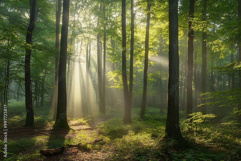 Obraz premium Peaceful Forest with Soft Light Filtering Through Trees