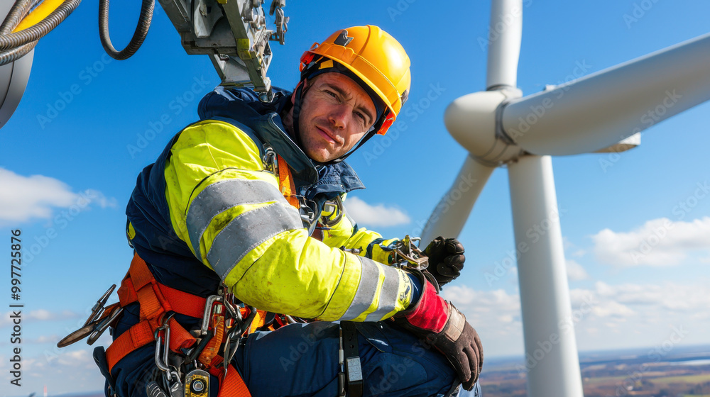 A skilled technician works atop a wind turbine, showcasing safety gear and dedication to renewable energy advancements. A skilled technician works atop a wind turbine, showcasing safety gear and dedication to renewable energy advancements.