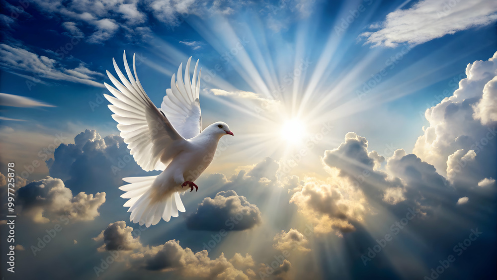 White dove flying over the sun in a cloudy religious sky, dove, flying, sun, cloudy, sky, religious, white, peaceful, serene White dove flying over the sun in a cloudy religious sky, dove, flying, sun, cloudy, sky, religious, white, peaceful, serene