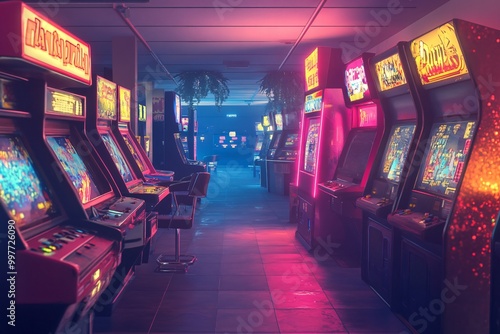Wallpaper Mural Vibrant Retro Arcade Scene with Neon Lights Torontodigital.ca