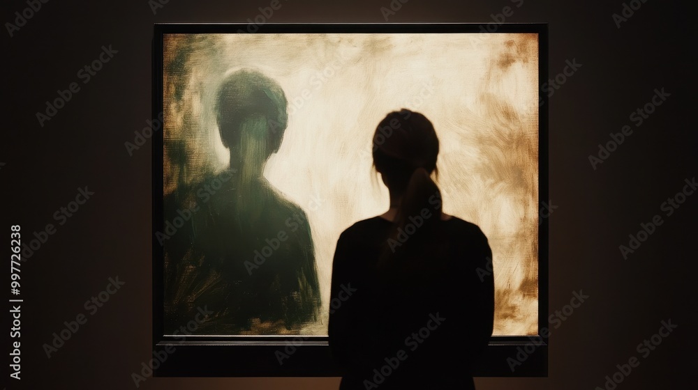 A figure gazes at an abstract artwork, evoking themes of reflection and perception within an art gallery setting. A figure gazes at an abstract artwork, evoking themes of reflection and perception within an art gallery setting.