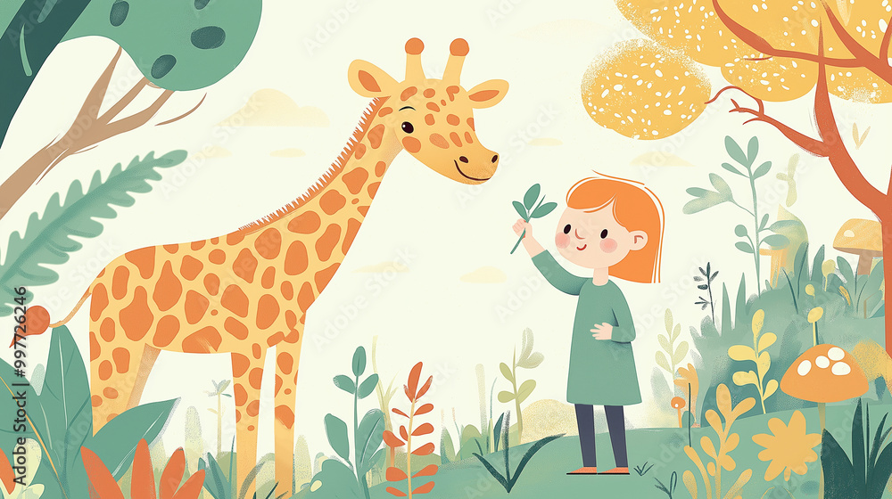 A little girl interacts with a giraffe in the jungle A little girl interacts with a giraffe in the jungle