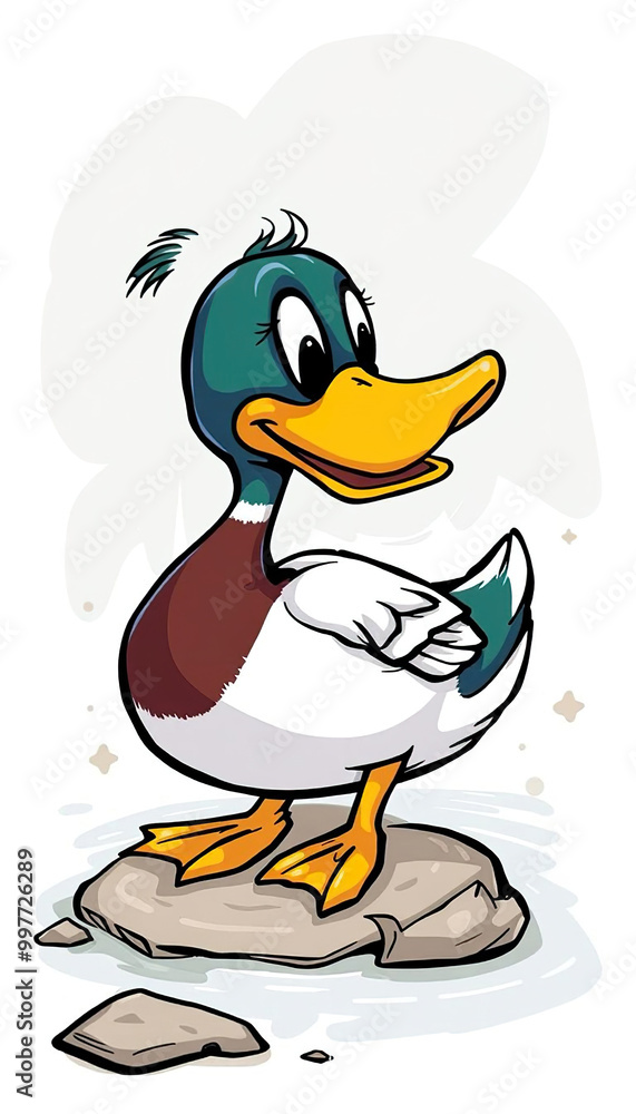 Obraz premium A white duck is standing on a log in a pond
