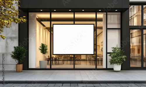 Street storefront shop, cafe, restaurant mounted signboard mock up design template