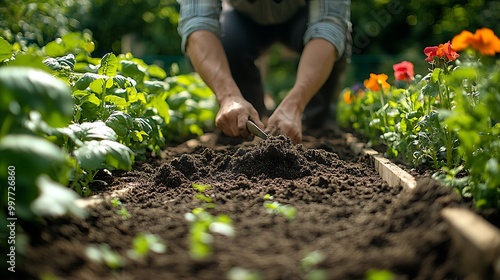 Fototapeta Naklejka Na Ścianę i Meble -  A gardener working in a raised garden bed, loosening the soil with a hand tool, the rich earth ready for planting, with sunlight illuminating the surrounding green plants and colorful flowers.