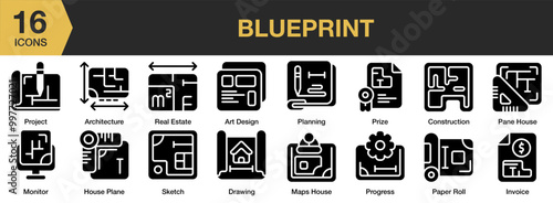 Blueprint solid icon set. Includes architecture, art design, construction, drawing, house plan, and More. Solid icons vector collection.