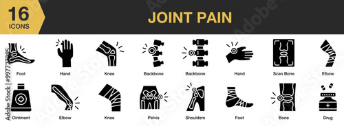 Joint Pain solid icon set. Includes backbone, bone, drug, elbow, foot, and More. Solid icons vector collection.