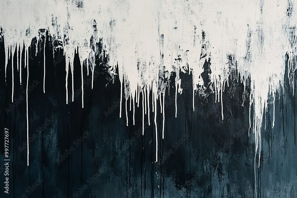 A wall with white and black paint dripping down it, creating an abstract pattern that resembles snowflakes or icicles (5) copy