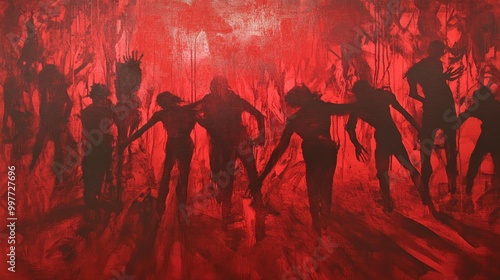 A dark, shadowy figure formation is silhouetted against a deep red background, evoking a sense of eeriness and tension.