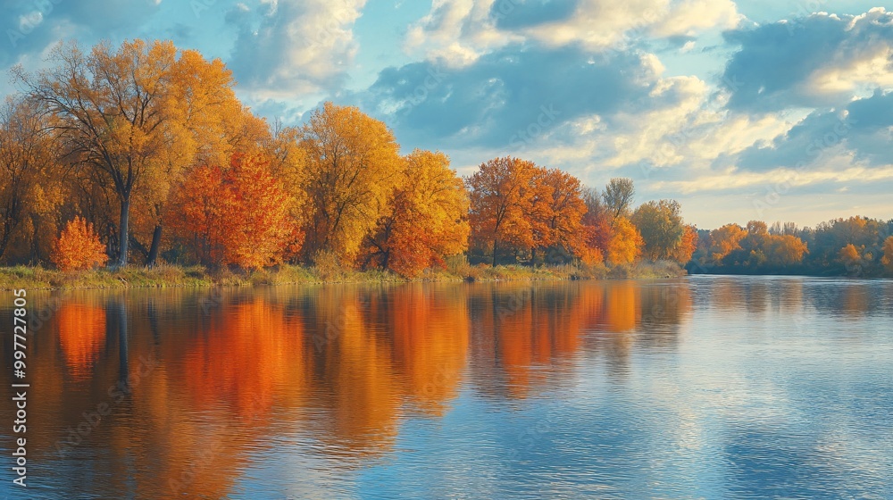 Serene Riverbank View with Autumn Trees Reflection Serene Riverbank View with Autumn Trees Reflection