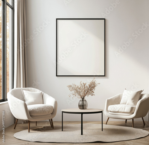 Fototapeta Naklejka Na Ścianę i Meble -  An empty vertical frame mockup on the wall, a minimal modern living room with white walls and light wood floors, a cozy reading nook with a plush armchair and a round side table