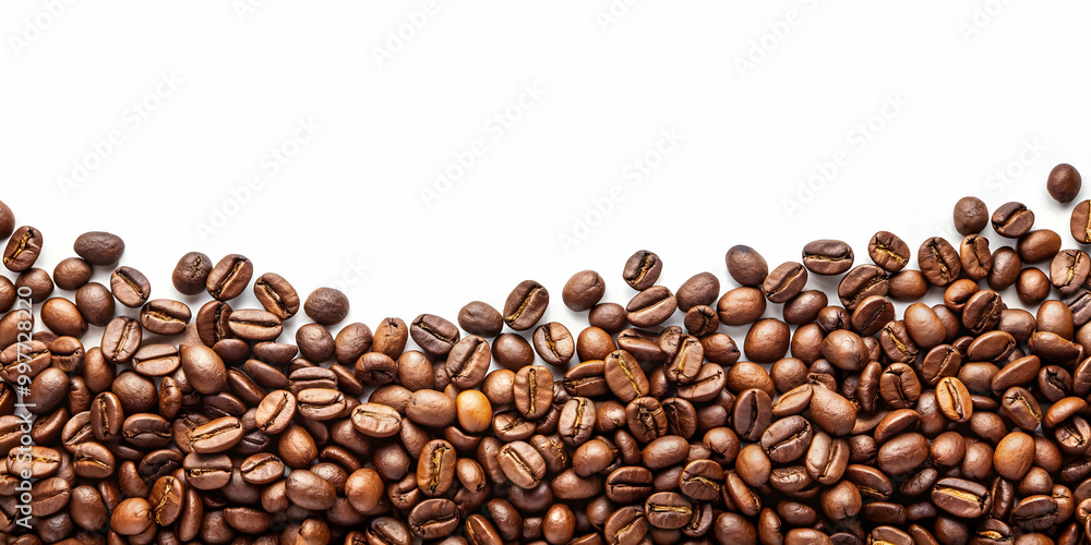 Coffee beans scattered on a white background , espresso, aroma, roasted, caffeine, drink, morning, beverage, breakfast, energy Coffee beans scattered on a white background , espresso, aroma, roasted, caffeine, drink, morning, beverage, breakfast, energy