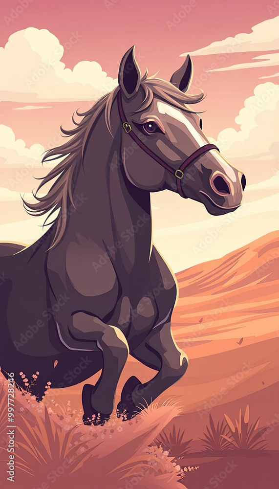 Naklejka premium A brown horse is running through a field with a blue sky in the background