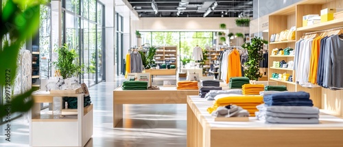 Clothes stacked on shelves and tables in a modern retail store.