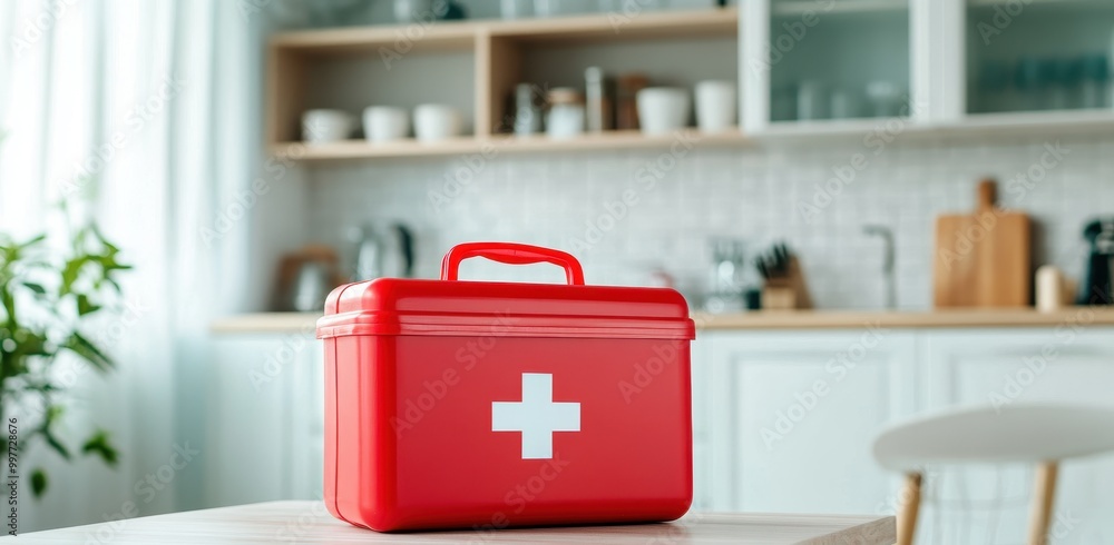 A red first aid kit sits on a kitchen table in a modern home interior ...