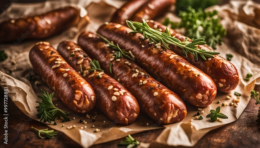 Freshly made raw breed butchers sausages in skins with herbs on crumpled paper.
Freshly made raw breed butchers sausages in skins with herbs on crumpled paper.