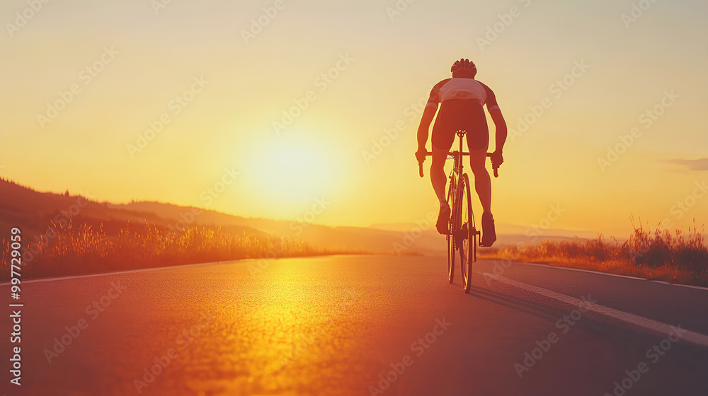 Rear back view silhouette shadow of a cyclist man riding a bike bicycle on asphalt road at orange twilight dusk sunset sky. Summer outdoor sport activity lifestyle, healthy male evening travel Rear back view silhouette shadow of a cyclist man riding a bike bicycle on asphalt road at orange twilight dusk sunset sky. Summer outdoor sport activity lifestyle, healthy male evening travel