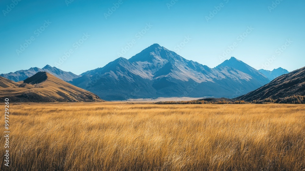 A mountain range with a clear blue sky in the background A mountain range with a clear blue sky in the background